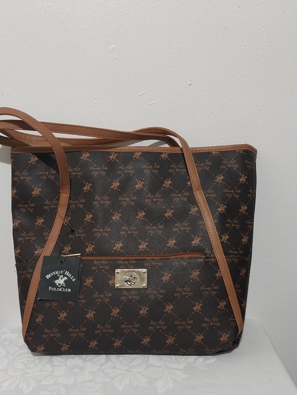 Beverly Hills Polo Club Brown Logo-Print Tote with Tan Trim